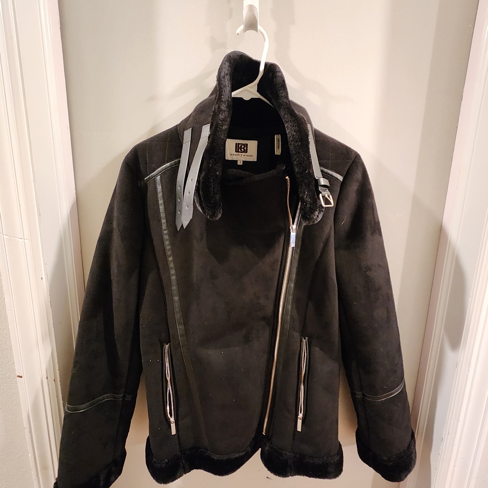Laundry by Design Women's Black Suede Shearling Bomber Jacket NWOT